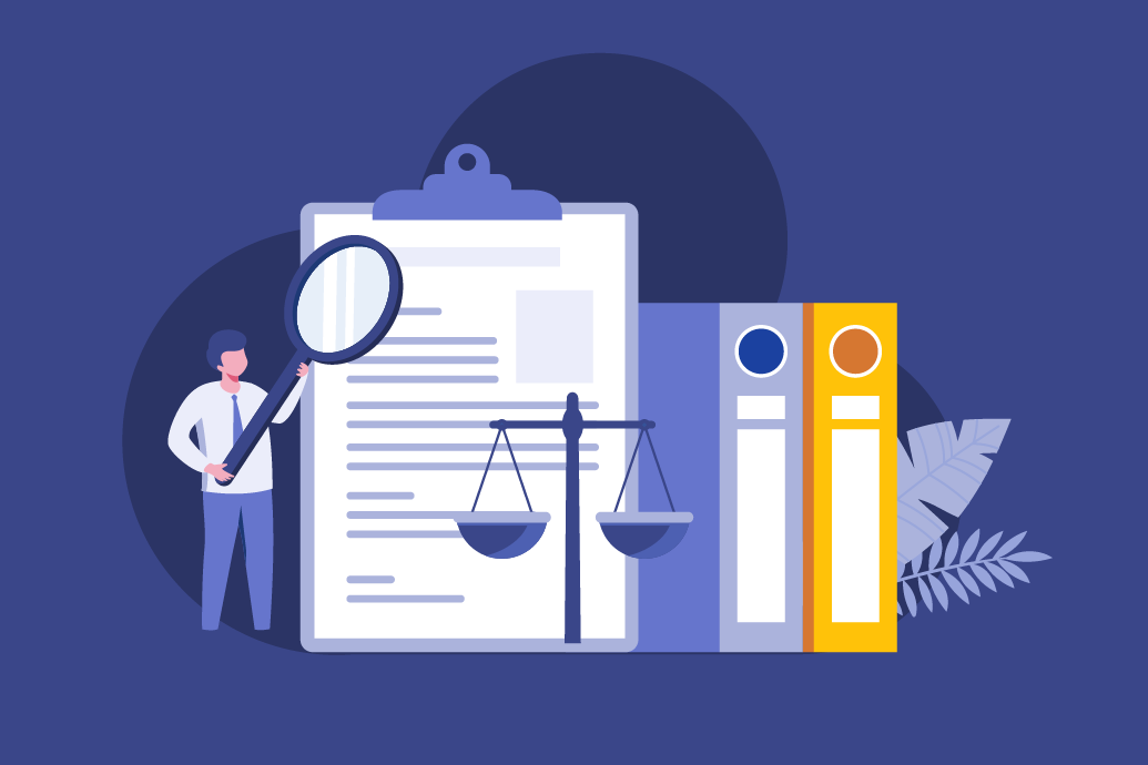 In a corporate memphis art style, a guy holding a magnifying glass up to a clipboard and other filings with law scales in front of them.