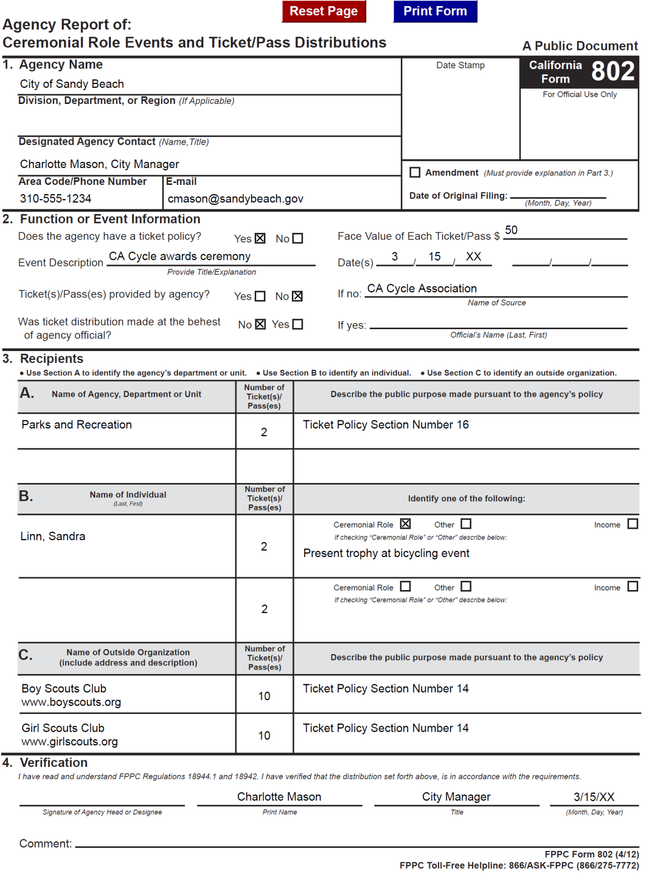 Example of completed Form 802. Description below.